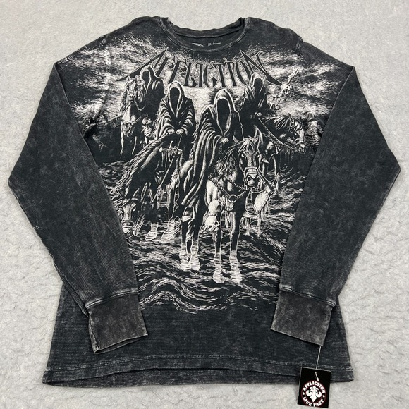 NEW Affliction Black Night Long Sleeve Thermal Mens XL Wash Dye Reaper Skull AOP - Picture 1 of 10